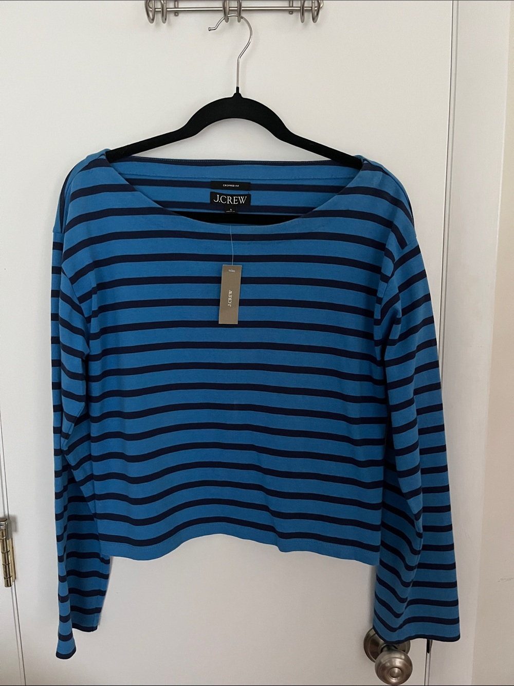 J. Crew Blue and Navy Striped Long-Sleeve Tee Cropped Small NWTโs